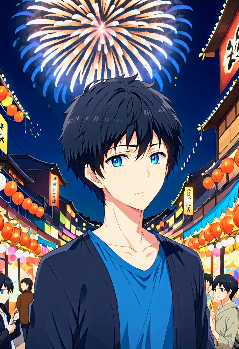 high resolution, solo, best quality, 1Boy, Arata Kaziaki, Black Hair, Blue Eyes, Festival, Night Festival, Firework, Dating,