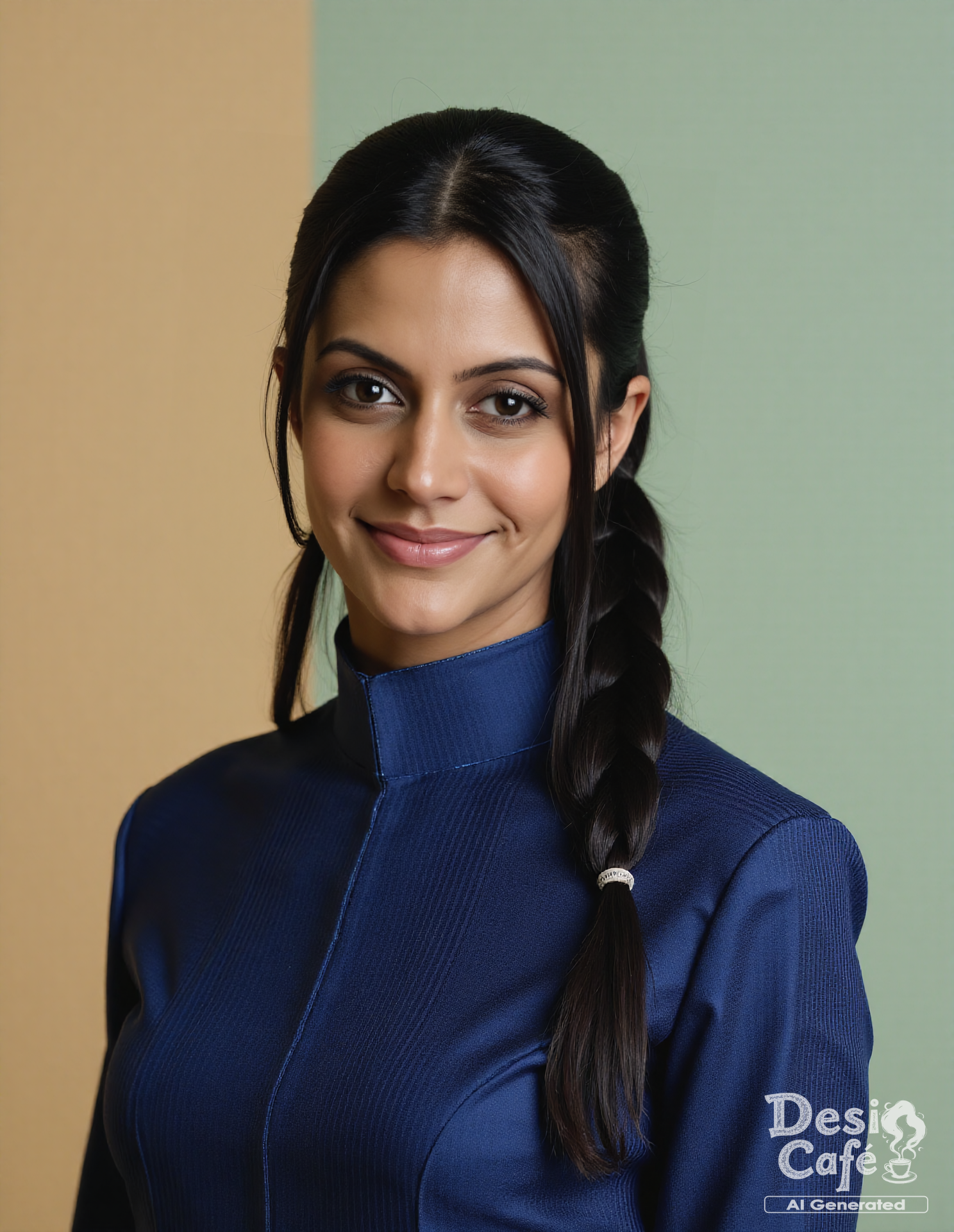 cowboy shot photo of m4nd1r4 b3d1 woman, hyper realistic photo that is safe for work, shy smile, studio quality image with natural colors, well dressed wearing intricate turtleneck Indigo Punjabi Suit, hair styled as  french plait,muted pastel shaded multicolored background that contrasts with the person, cinematic lighting,âââââ   <lora:m4nd1r4_b3d1_Mandira_Bedi_Flux_Kohya_V1:0.9>âââ