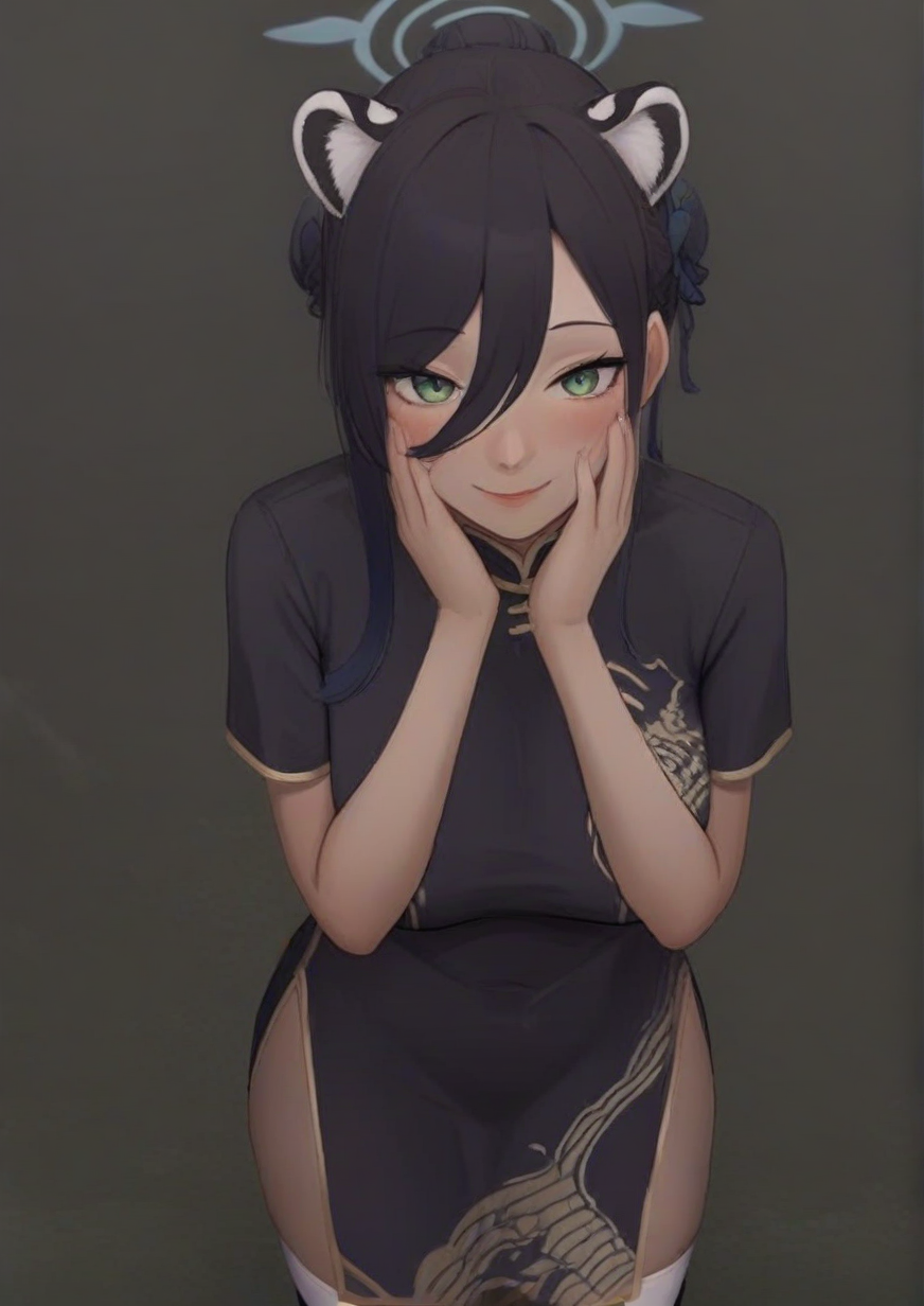 1girl, shun (blue archive), shun (small) (blue archive), huge breast, :d, animal ears, black dress, black hair, blush, bow, china dress, chinese clothes, dress, extra ears, from above, green eyes, hair between eyes, hair bow, hair ribbon, halo, hands on own cheeks, hands on own face, long hair, looking at viewer, looking up, print dress, ribbon, short sleeves, side slit, sidelocks, smile, solo, thighhighs, tiger ears, tiger girl, white thighhighs, zPDXL3 <lora:ã¤ã¦ã¤ã³ã:1>