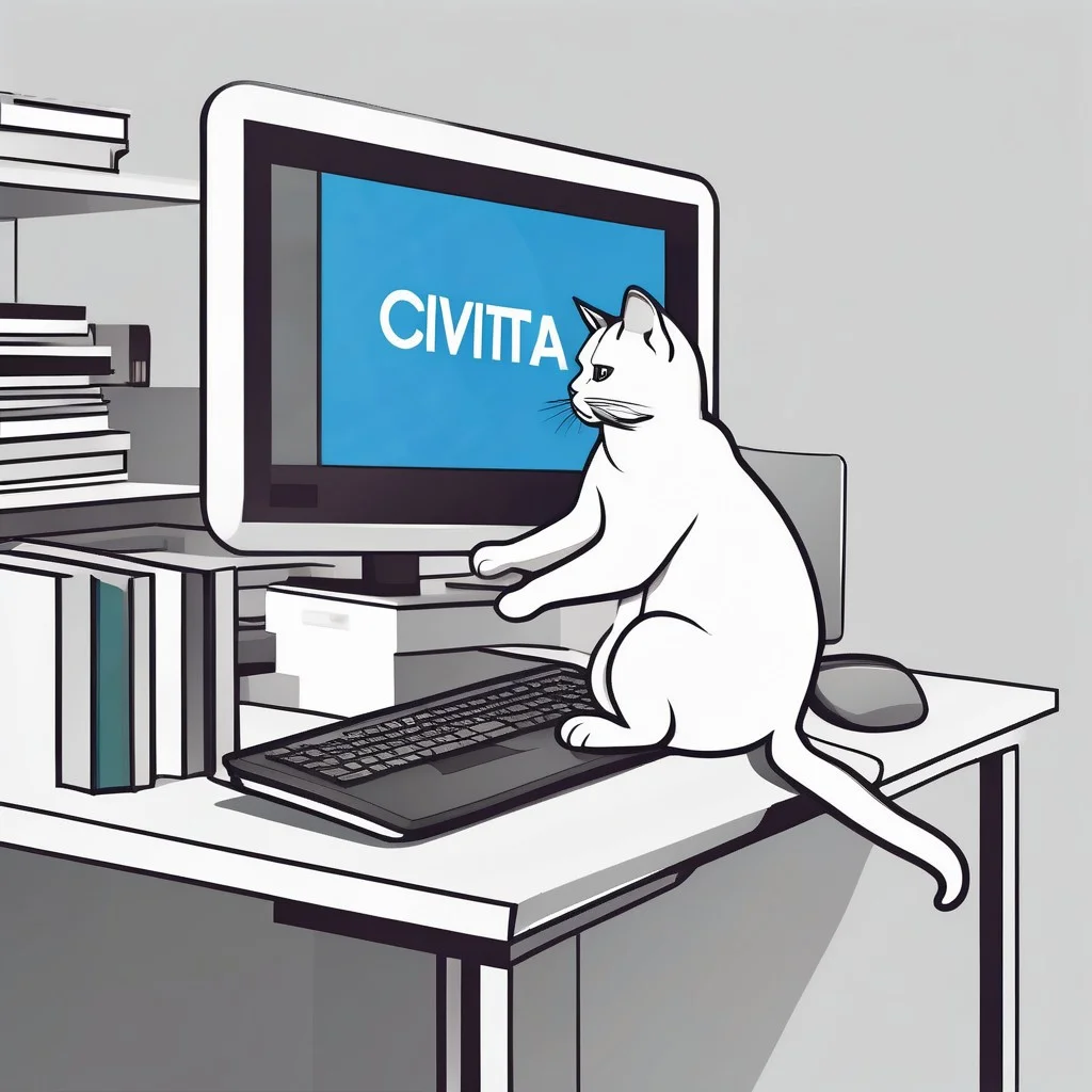 clear style, minimalist, a cat knocking a computer monitor off a high shelf with the word 'civitai' displayed on the screen illustration, high-end graphic illustration, realistic colors, solid white background