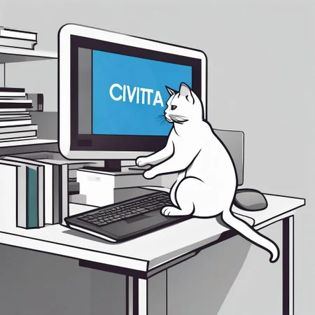 clear style, minimalist, a cat knocking a computer monitor off a high shelf with the word 'civitai' displayed on the screen illustration, high-end graphic illustration, realistic colors, solid white background