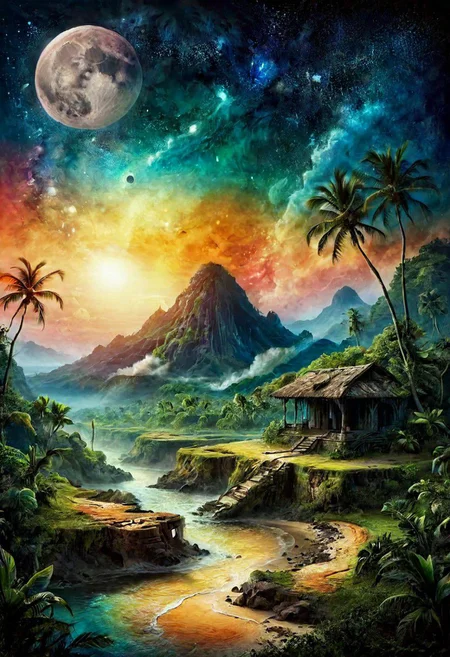 Concept Art, (masterpiece: 0.3) high detailed, bright natural lighting, shadows, high contrast, a tropical island in alien planet, two big moons in sky, with alien look jungle in different colours, ancient ruins of the lost civilization which jungle is coverin, picture to ruins which are covered morning light from trough trees sunrise, trees, vines, overgrown, ink stains, ink splatters, ink runs, ink spots, faded ink,ral-dissolve, linquivera, liiv1, on parchment
