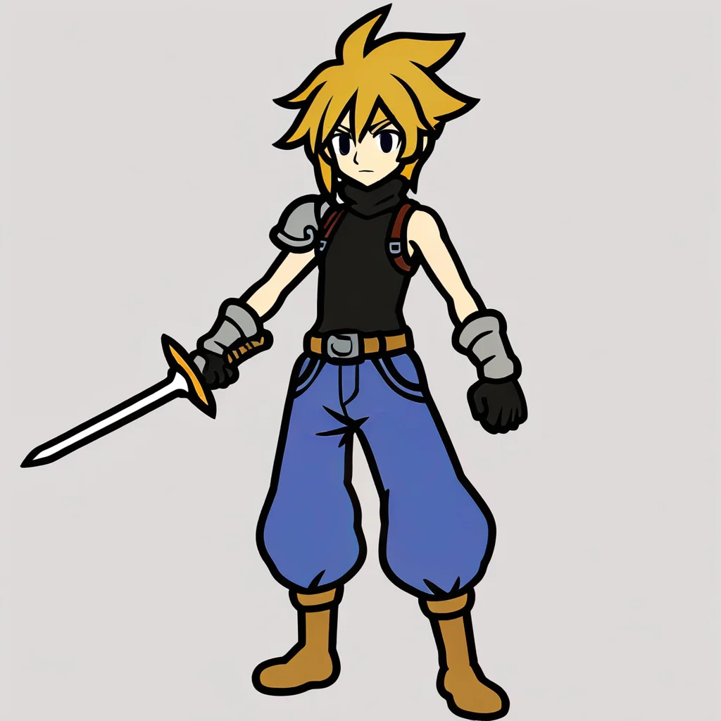 masterpiece, best quality, cloud strife, shoulder armor, sleeveless turtleneck, suspenders, belt, baggy pants, gloves, bracer, boots, standing, holding, holding sword, <lora:Rhythm_Heaven_SDXL:0.7>