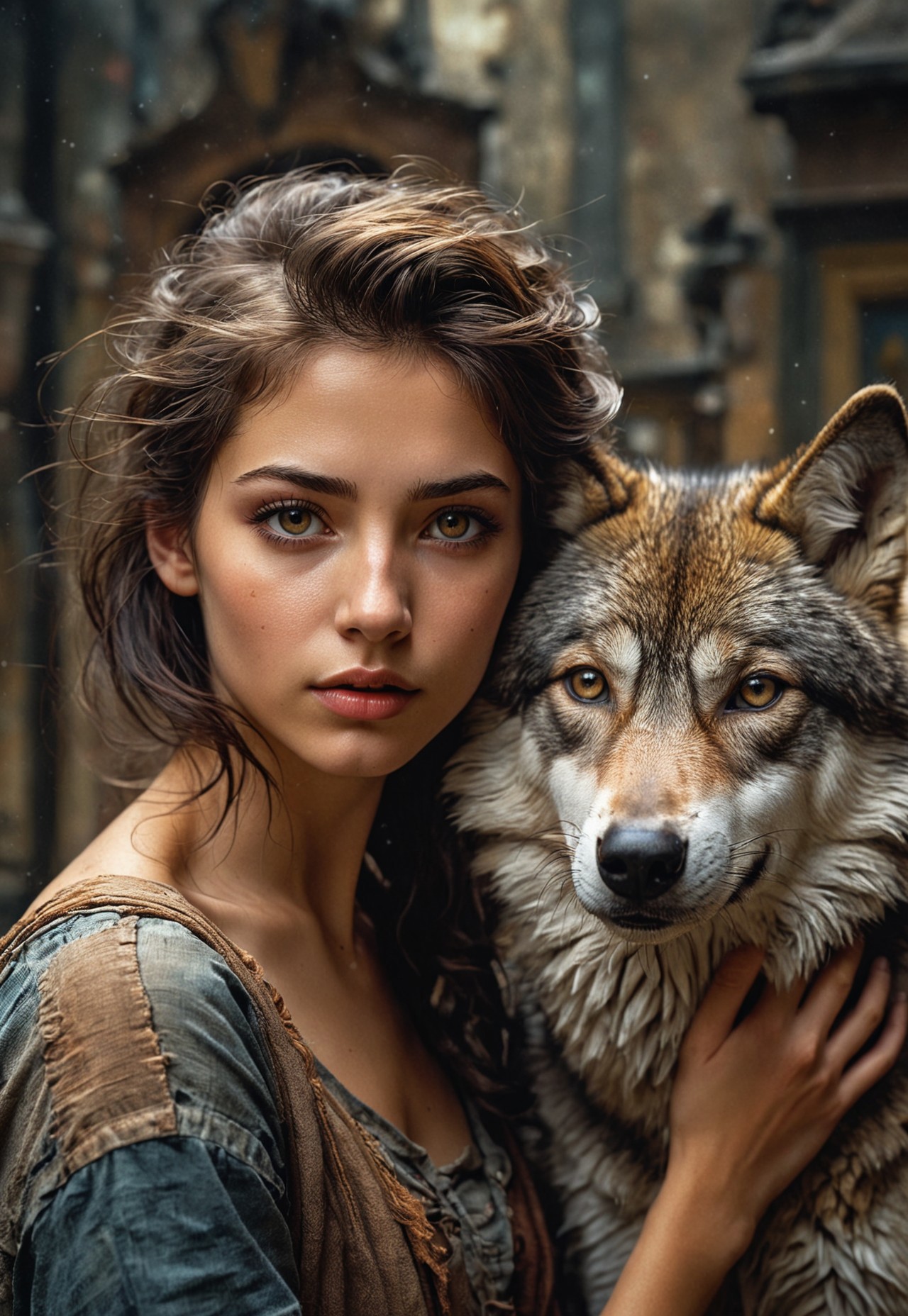 highly detailed and hyper realistic photo, by Phil Jimenez , by A.J.Casson , by Eugene Galien-Laloue , a hyper detailed portrait of a young model and a wolf , in the style of  etheral luminoscope, limited dark palette, unusual dark colors, faded colors, atmospheric haze, highly dramatic cinematic lighting, motion blur, film grain,  professional, excellent composition, finest details, maximized details, ultimate detail level, masterpiece, best quality