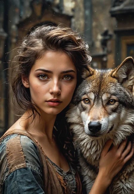 highly detailed and hyper realistic photo, by Phil Jimenez , by A.J.Casson , by Eugene Galien-Laloue , a hyper detailed portrait of a young model and a wolf , in the style of etheral luminoscope, limited dark palette, unusual dark colors, faded colors, atmospheric haze, highly dramatic cinematic lighting, motion blur, film grain, professional, excellent composition, finest details, maximized details, ultimate detail level, masterpiece, best quality