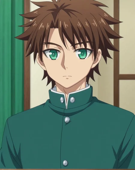 score_9, score_8_up, source_anime, anime screencap, original style, depth of field, BREAK, rating_safe, 1boy, solo, male focus, adult, <lora:toujou_basara_pony:1>, toujou_basara_pony, brown hair, green eyes, short hair, bangs, cowboy shot, gakuran, expresionless, standing, looking at viewer, facing viewer, <lora:sdxl_lightning_8step_lora:1>
