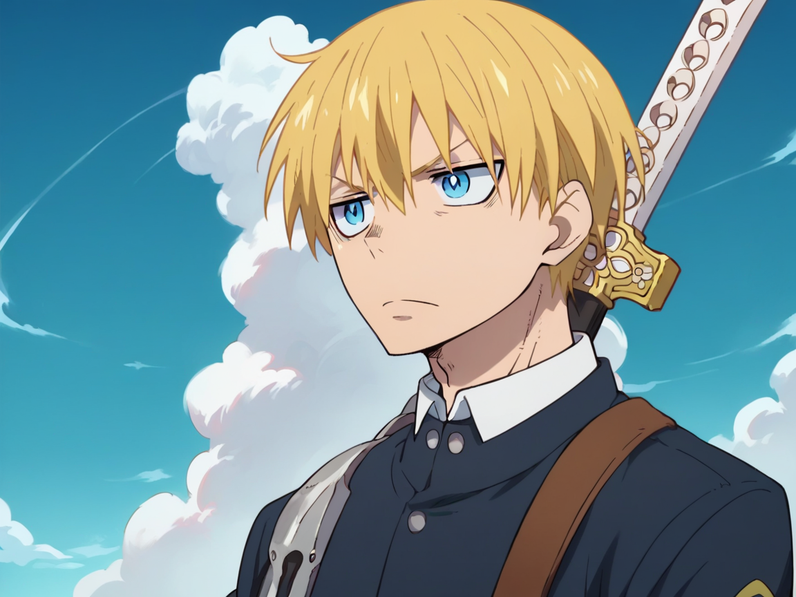 score_9, score_8_up, score_7_up, score_6_up, score_5_up, <lora:fforceXLP:1> fforce, 1boy, blonde hair, male focus, blue eyes, school uniform, gakuran, weapon, solo, sword, sky, cloud, day, blue sky, weapon on back