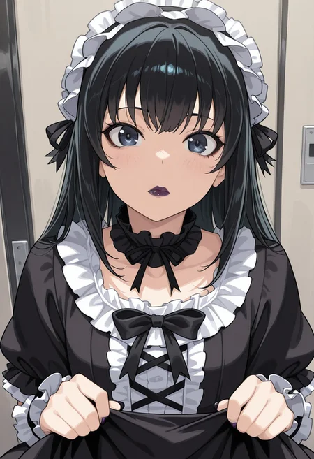 masterpiece:1, best quality:1, amazing quality:1.5, very aesthetic:1.5, absurdres:1.5, newest,
kei yuuki, yuuki kei, \(moyashimon\), black hair, dark blue eyes, goth, gothic fashion, black eyeliner, dark purple lipstick, otoko no ko, 1boy, long hair, lipstick, crossdressing, makeup,