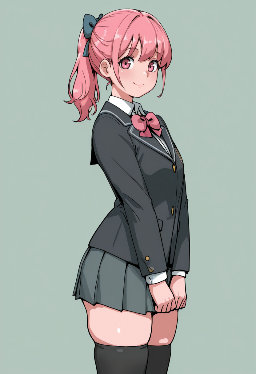 masterpiece, best quality,
 <lora:DewRayLomo:1> D3wR4yL0m0,  1girl, solo,standing,looking at viewer, happy, closed mouth,pink hair, ponytail, pink eyes,school uniform, bow, long sleeves, skirt, skindentation, thighhighs,
