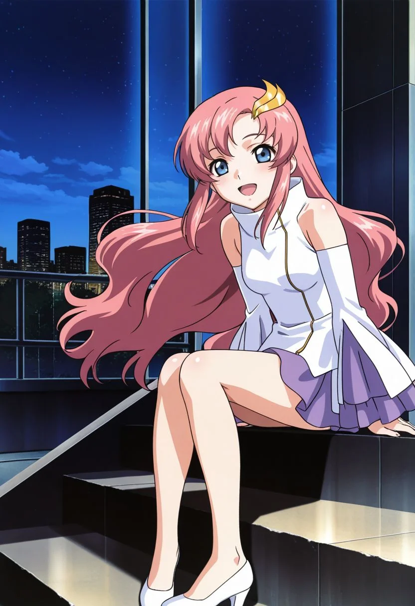detailed eyes, beautiful, detailed background, perfect eyes,
source_anime, very aesthetic, anime coloring, masterpiece, official art,
<lora:HandFineTuning_XL:1>
BREAK,
street, stairs, cityscape, night,
open smile, looking at viewer, sitting, full body,
BREAK,
<lora:lacus01_illustrious_v01:0.9>
lacusbase, pink hair, long hair, wavy hair, hair ornament, blue eyes, sidelocks ,
purple frilled sleeves, bare shoulders, very long hair, detached sleeves, purple miniskirt,
white footwear,