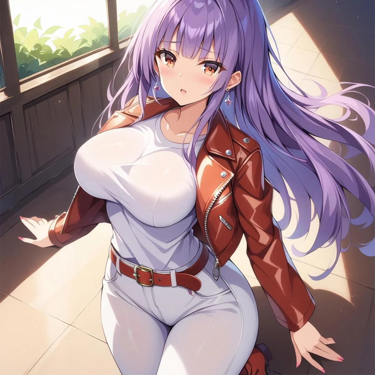 score_9, score_8_up, score_7_up, source_anime BREAK,《masterpiece》, 《best quality》, 《ultra-detailed》, ((very high quality and very detailed quality, high lighting)), ((very high detail 8k, hyper-realistic lighting and detailed 4k, extremely detailed anime-style shadow contrast)), expressive eyes, perfect face, (solo),
1girl, purple hair, shorter bangs styled in a hime cut, long hair, brown eyes, large breasts, wide hips, (white short t-shirt, leather jacket), ((white jeans, red boots)), jewelry, earrings,