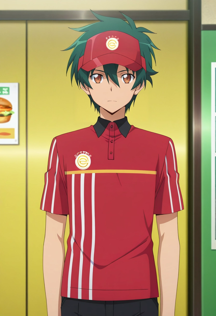 masterpiece, best quality, anime screencap, official style, anime coloring, 1boy, solo, male focus, <lora:sadao_maou_ilxl:1>, sadao_maou, green hair, brown eyes, s2, short hair, hair between eyes, employee uniform, visor cap, cowboy shot, looking at viewer