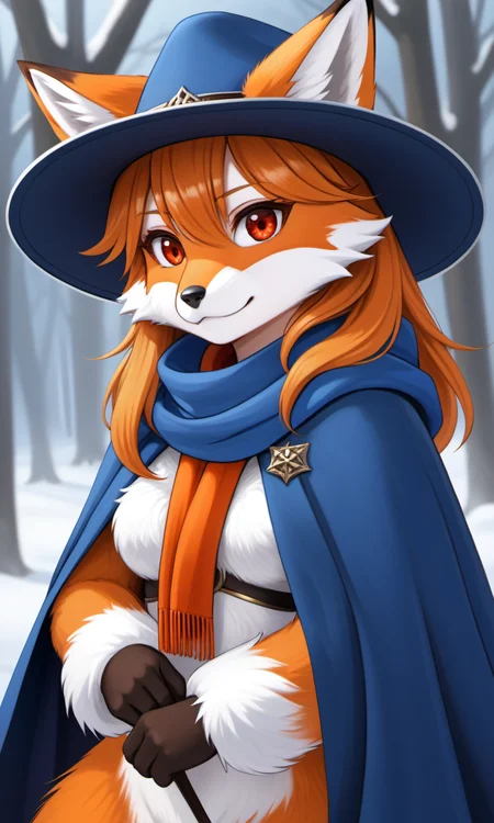 TVtrooper, female, ((fox animal)), red eyes, wearing a scarf and blue cloak, hat, Orange and grey fur, white belly fur, standing on two legs
