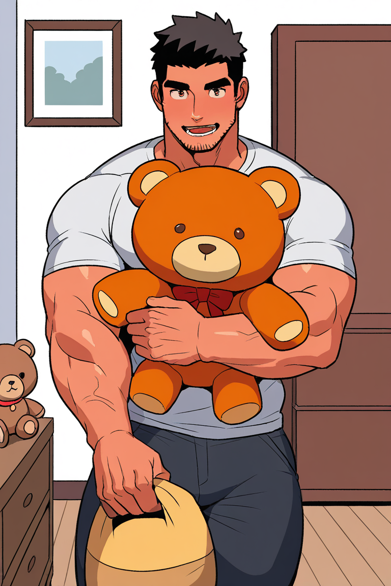 masterpiece, best quality, highres, newest, 1boy, bara, solo, male focus, mature male, short hair, black hair, brown eyes, facial hair, stubble, muscular, looking at viewer, cowboy shot, smile, standing, white t-shirt, black pants, teddy bear, stuffed toy, holding stuffed toy, hugging object, indoors, living room <lora:OIS - Bara Style 4 [LoRA] - NoobAI-XL EPS 1.0:0.7>