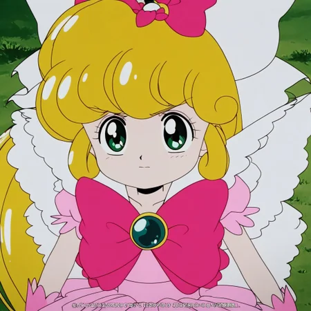 score_9, m@rybell, 1girl, solo, blonde long hair, green eyes, bow, second form, brooch, magical girl, hair bow, official style