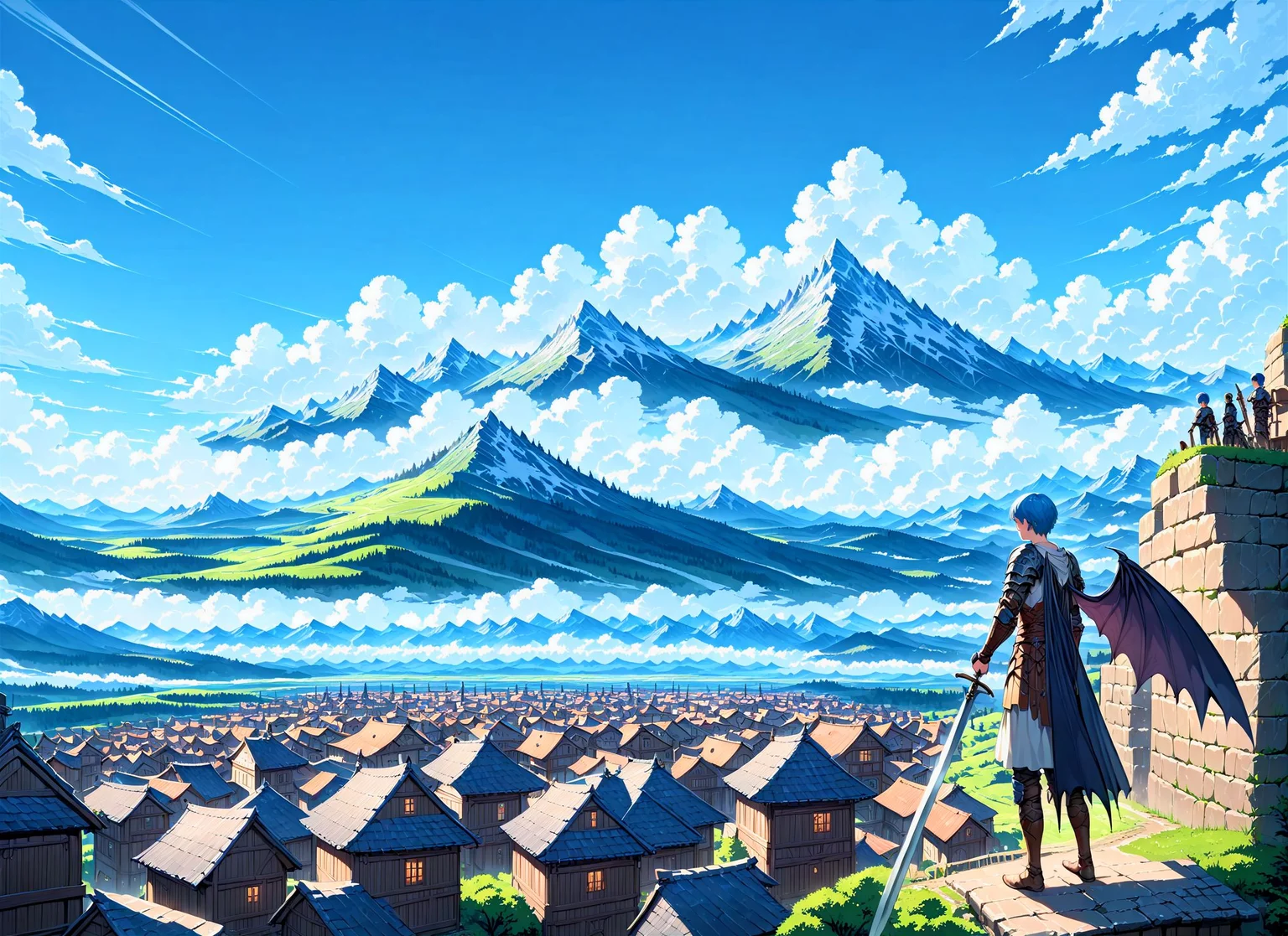 score_9, score_8_up, score_7_up, 1boy, holding giant sword, blue hair, armor, fantasy, warrior, mage, bat wings, mountain, scenery, cloud, panorama, solo <lora:EnpitAnimePony:1>