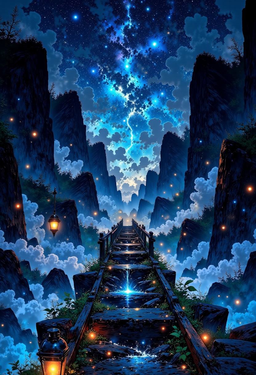 The Dreamwalker’s Bridge – A Path to Nowhere
"A colossal bridge made of smooth black stone stretches into the distance, suspended over an abyss of swirling mist. Ethereal blue lanterns hover in the air, their flames flickering with an unnatural glow. As one steps forward, the bridge shifts, bending like liquid, revealing glimpses of impossible worlds beyond. The stars above pulse like beating hearts, as if they are watching."