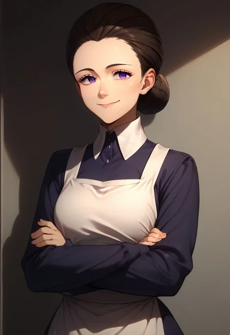 score_9, score_8_up, score_7_up, source_anime, highly detailed,
isabella, 1woman, solo, apron, purple eyes, single hair bun, crossed arms, hair bun, looking at viewer, smile, closed mouth, maid, brown hair, long sleeves, dress, white apron,
maid apron, upper body,