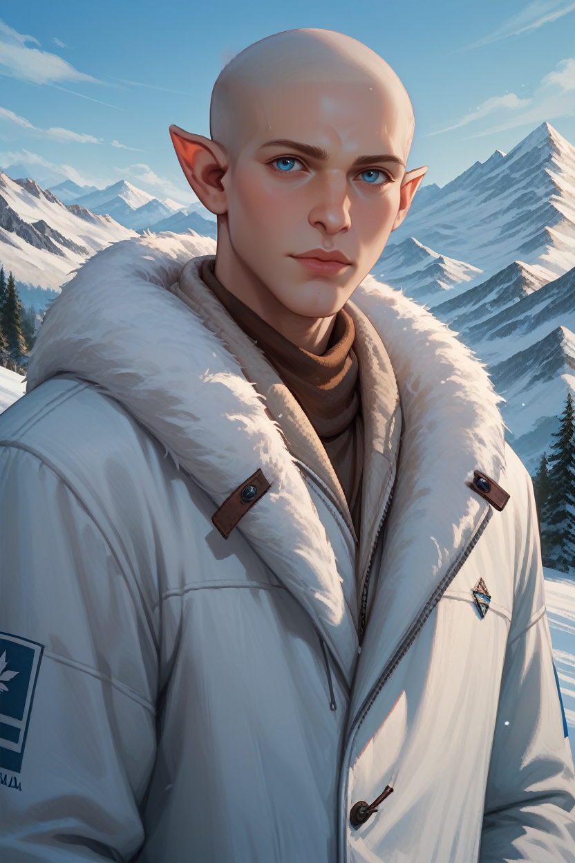 score_9, score_8_up, score_7_up,
<lora:DAISolas:0.8>
DAISolas, 1boy, bald, blue eyes, pointy ears, looking at viewer, on a ski slope, wearing a stylish winter jacket, snow-capped mountains in the background, bright and crisp atmosphere, dynamic and energetic