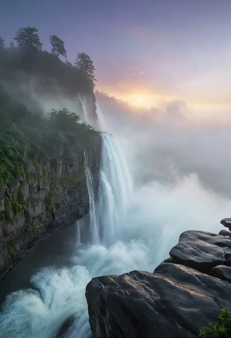 masterpiece, minimalism, (huge cliff:1.3) with (monolithic floating rocks:1.2) in twilight, (small silhouetted fisherman boat:1.1) on (realistic water:1.2), (perfect horizon:1.2), (fog:1.3) with (sun behind fog:1.2), (diffused sunlight:1.1), (fog rays:1.2), vibrant colors in sky, (2 color composition:1.0), low angle POV, serene atmosphere, high detail, cinematic lighting.long exposure of (water waves:1.3) cascading from a (huge waterfall:1.4) atop a (towering cliff:1.2), surrounded by (dense fog:1.3), ethereal atmosphere, soft light filtering through mist, (silky smooth water:1.2), intricate details of rocks, lush greenery framing the scene, tranquil mood, high detail, cinematic lighting, serene landscape, nature photography, inspired by (Ansel Adams:1.3).