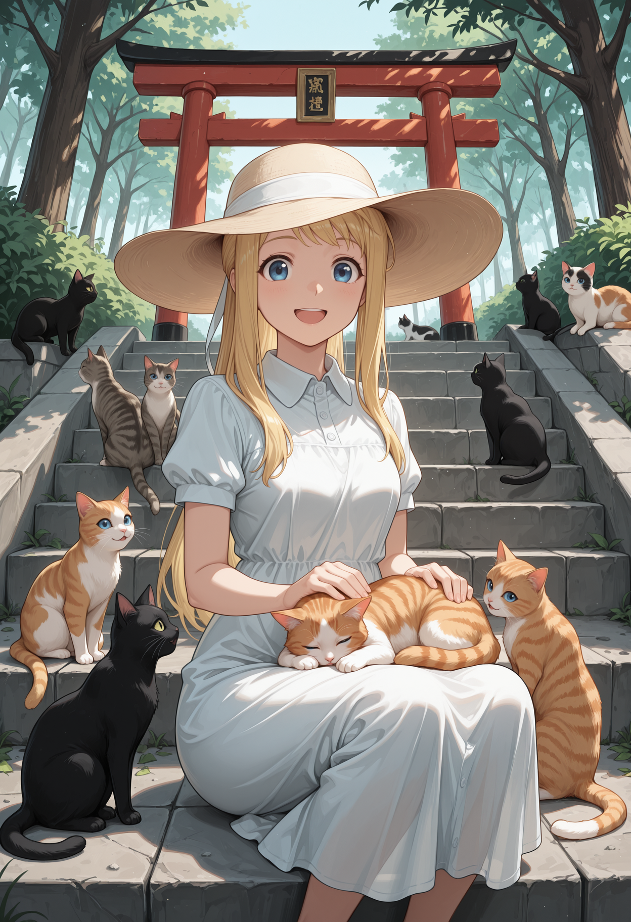 masterpiece, best quality, highres, absurdres, very awa, 1girl, solo, wnrbll, blonde hair, sidelocks, long hair, sundress, white dress, (collared dress), outdoors, stairs, stone stairs, tree, cat, petting, kitten, too many, too many cats, blue eyes, sun hat, torii, sitting, on lap, animal on lap, cat on lap, squatting, looking at viewer, smile, open mouth