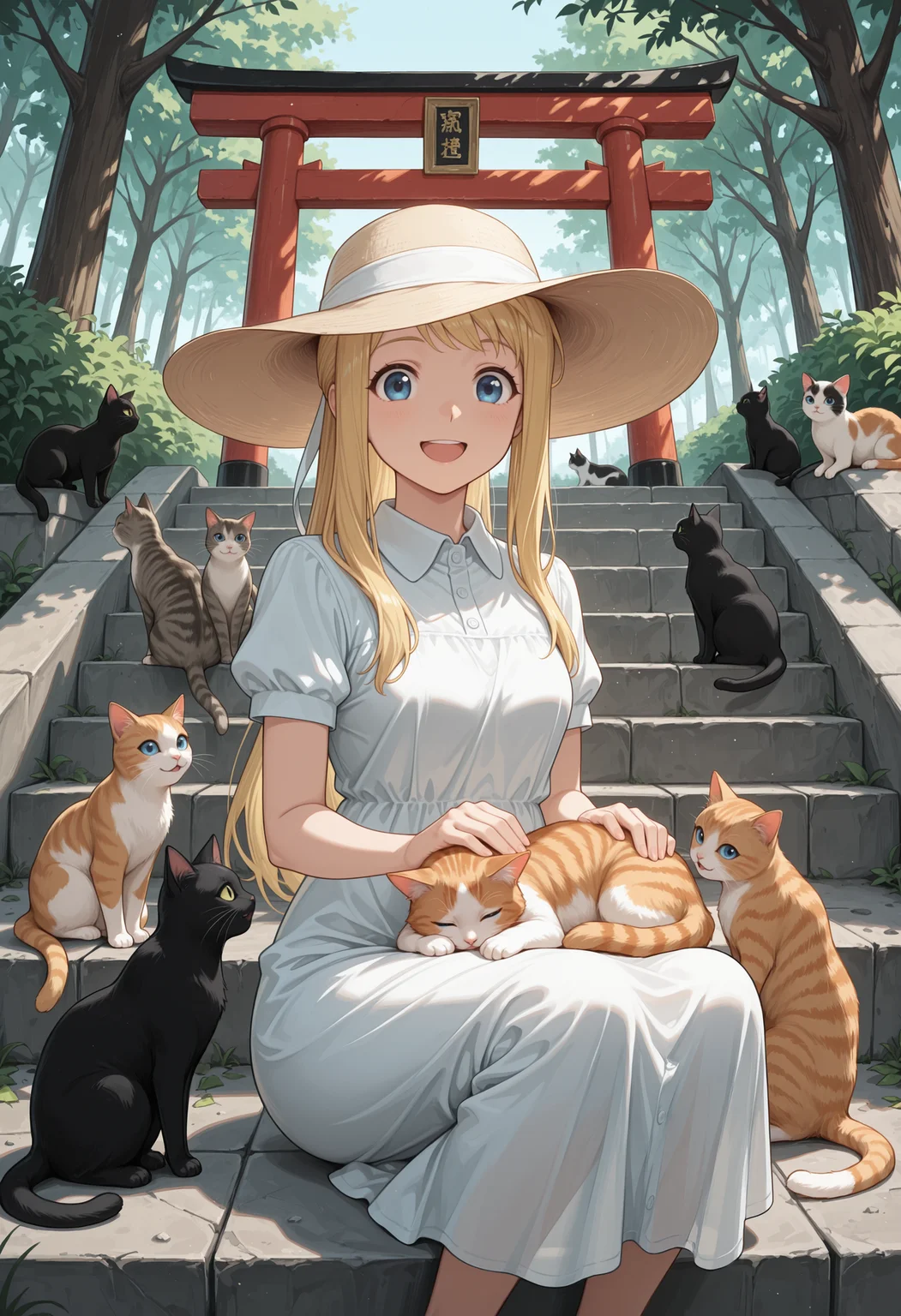 masterpiece, best quality, highres, absurdres, very awa, 1girl, solo, wnrbll, blonde hair, sidelocks, long hair, sundress, white dress, (collared dress), outdoors, stairs, stone stairs, tree, cat, petting, kitten, too many, too many cats, blue eyes, sun hat, torii, sitting, on lap, animal on lap, cat on lap, squatting, looking at viewer, smile, open mouth