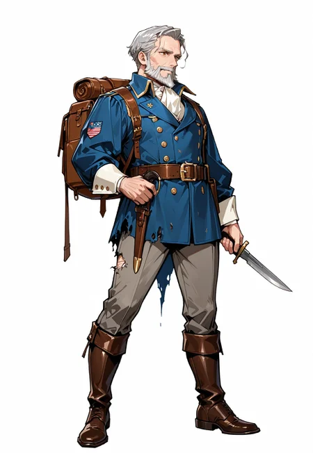 ww1era, victorianera, 18cera, alone, solo ,close up, full body, simple background, white background, 1man, amber eyes, gray hair, short hair, old man, strong, short beard, american civil war, gentleman beard, gray explorer's clothes, ragged clothes, standing pose, leather belt, leather boots, explorer's knife, backpack
<lora:RavenScript :1>