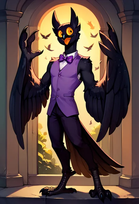 Barnaby, 1boy, yellow eyes, orange sclera, black body, long neck, feathers, bird feet, winged arms, bird tail, black beak, purple vest, sleeveless, purple bowtie, orange tongue, avian, furry, anthro, ghost, owl, spirit, digitigrade, no humans, no pants, perfect body, solo, (insanely detailed, beautiful detailed face, masterpiece, cinematic lighting, detailed hands, detailed face, best quality), (sharp), score_9_up, score_8_up, score_7_up, score_6_up, highest quality, 8K, RAW photo, source_anime, perfect face, perfect hands, cowboy shot