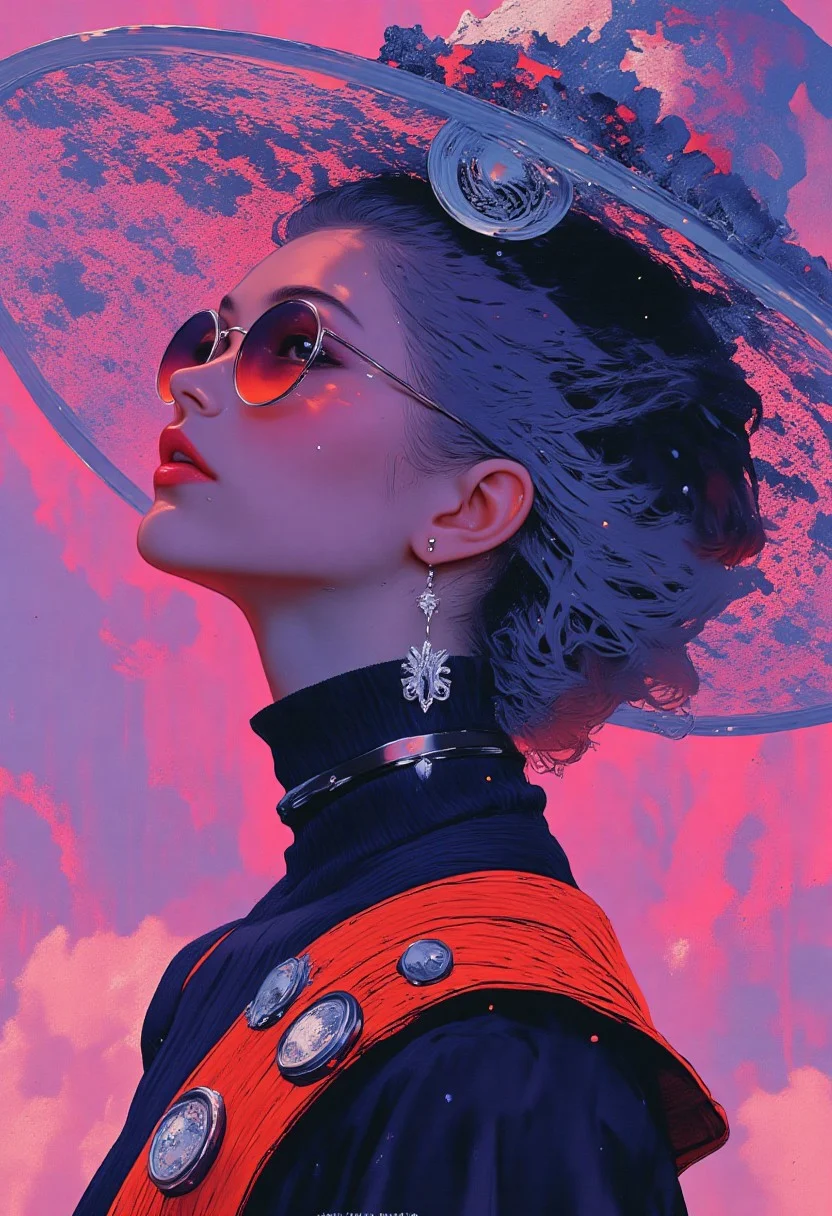 A vibrant photograph captures a bold and playful fashion statement, featuring a woman posing against a neon magenta sky. She wears an oversized, circular hat made entirely of electric cyan lace, its intricate floral and geometric patterns casting delicate shadows over her iridescent violet-toned skin. The lace’s airy texture contrasts sharply with the solid, glowing magenta background, creating a striking visual harmony. Her sleek, metallic blue hair is styled in a low bun, emphasizing her elegant profile. Large, fluorescent orange sunglasses complement her high-necked, ribbed ultraviolet top, the textured fabric adding a tactile dimension to her ensemble. Glossy deep purple lips and large chrome hoop earrings complete her look, blending futuristic elegance with bold, high-energy accents. The intense palette of ultraviolet and cyan, juxtaposed with the glowing magenta sky, highlights the confident and avant-garde essence of the composition. This image celebrates the interplay of texture, color, and form, exuding a sense of dynamic modernity and striking visual impact.