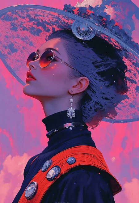 A vibrant photograph captures a bold and playful fashion statement, featuring a woman posing against a neon magenta sky. She wears an oversized, circular hat made entirely of electric cyan lace, its intricate floral and geometric patterns casting delicate shadows over her iridescent violet-toned skin. The lace’s airy texture contrasts sharply with the solid, glowing magenta background, creating a striking visual harmony. Her sleek, metallic blue hair is styled in a low bun, emphasizing her elegant profile. Large, fluorescent orange sunglasses complement her high-necked, ribbed ultraviolet top, the textured fabric adding a tactile dimension to her ensemble. Glossy deep purple lips and large chrome hoop earrings complete her look, blending futuristic elegance with bold, high-energy accents. The intense palette of ultraviolet and cyan, juxtaposed with the glowing magenta sky, highlights the confident and avant-garde essence of the composition. This image celebrates the interplay of texture, color, and form, exuding a sense of dynamic modernity and striking visual impact.