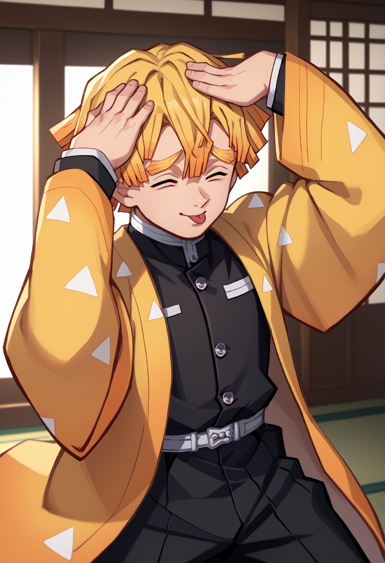 score_9, score_8_up, score_7_up, <break> AhEtoBlehMeme, closed eyes, tongue out, :p, hands on own head, smile, solo, male focus, 1boy, zen1tsuag4tsuma, short hair, blonde hair, thick eyebrows, demon slayer uniform, japanese clothes, haori, triangle print, black jacket, long sleeves, black pants, indoors, east asian architecture
<segment:yolo-face_yolov8m.pt,0.4,0.5//cid=1>