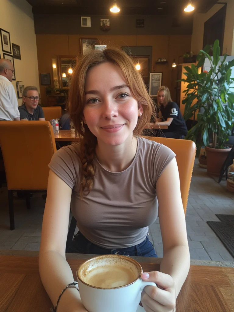 date a asian woman sitting at a table with a cup of coffee