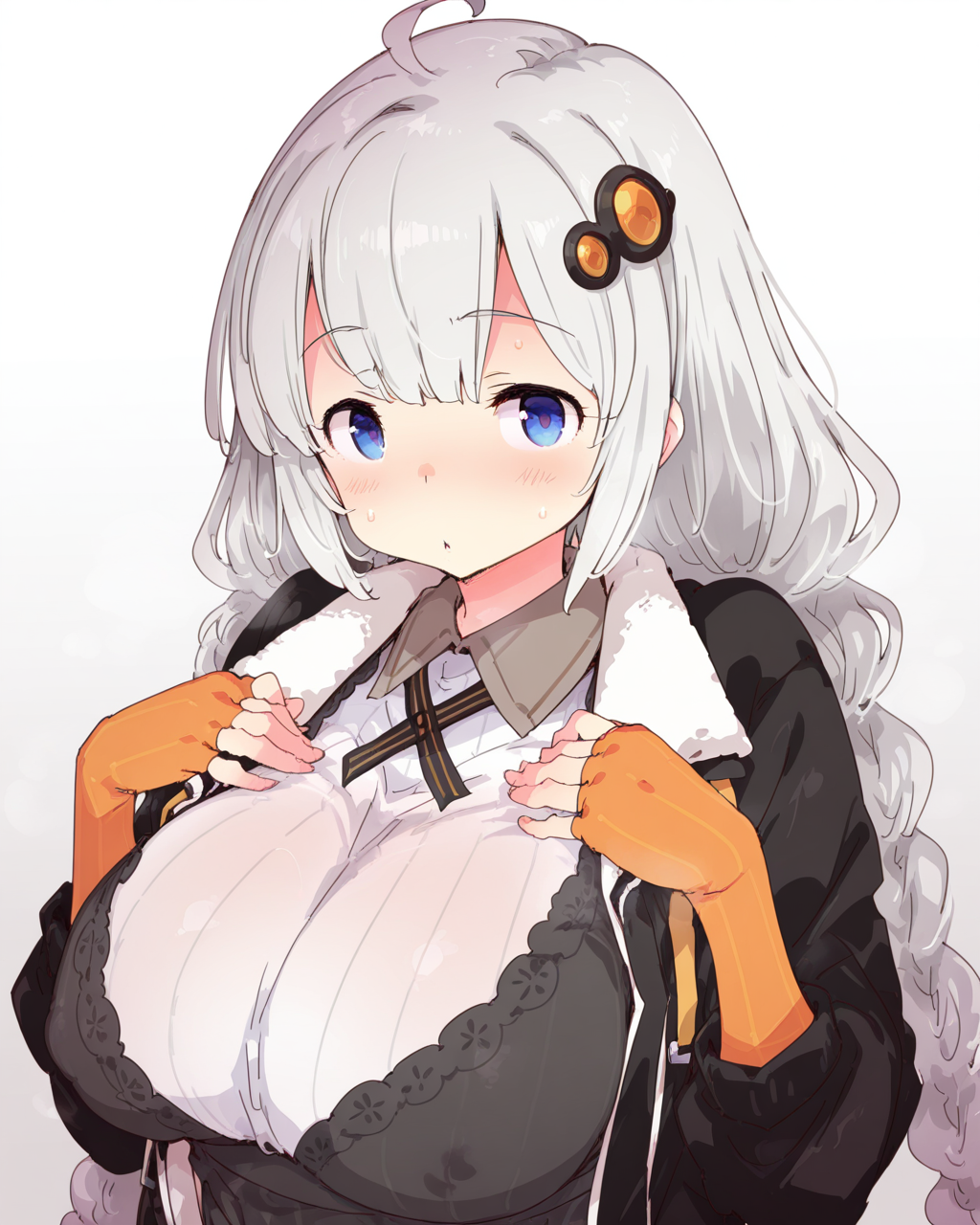 1girl, solo, kizuna akari,grey hair,twintails,low twin braids,black jacket,collared dress,pinstripe pattern,orange elbow fingerless gloves, large breasts, petenshi \(dr. vermilion\), steam, smell, steaming body, looking at viewer, upper body, simple background, white background, masterpiece, best quality, very aesthetic, absurdres