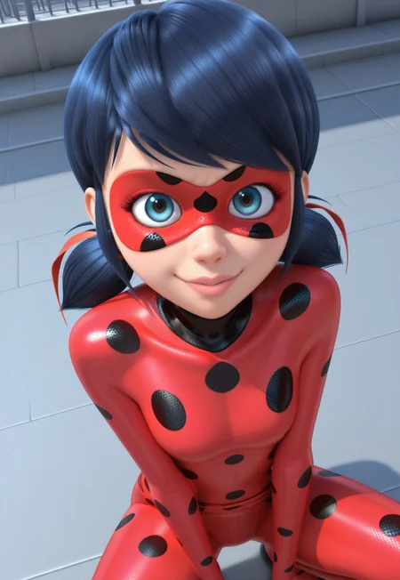 <lora:LedybugIL:0.9> l_b, 1girl, fair skin, black hair, shoulder-length hair with pigtails, light pink lips, blue eyes, red polka-dot bodysuit, red polka-dot domino mask, full suit, looking at viewer, cowboy shot, midriff, from above, dutch angle, naughty face, looking at viewer, squatting, front view, spreading legs,<lora:ADisneyPlusRealism_style:0.85>, DisneyXL,
