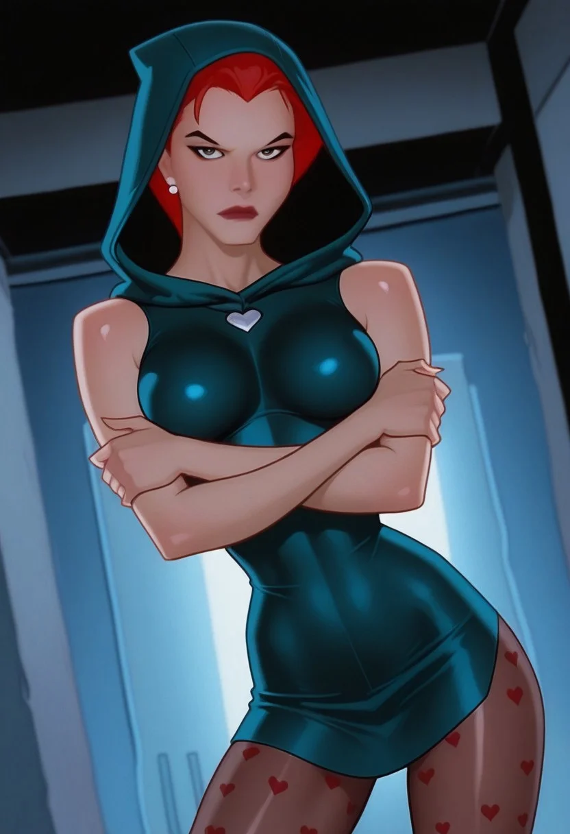 (ahstyle), close up, masterpiece, best quality, detailed, realistic, cowboy shot, front view, dutch angle, looking at viewer, serious, (doubtful:1.2), marymcginnis, short hair, solo, red hair, jewelry, earrings, lipstick, (green microdress:1.3), heart print pantyhose, (skinny), (svelte), (medium perky breasts), hoodie, hood up, ((upper body)), (contrapposto:1.3), crossed arms, graffiti, at night, high detail, sidelighting, backlighting, depth of field, shiny skin, glistening skin, glossy skin, oiled skin, (from below), (dark futuristic city:1.2),