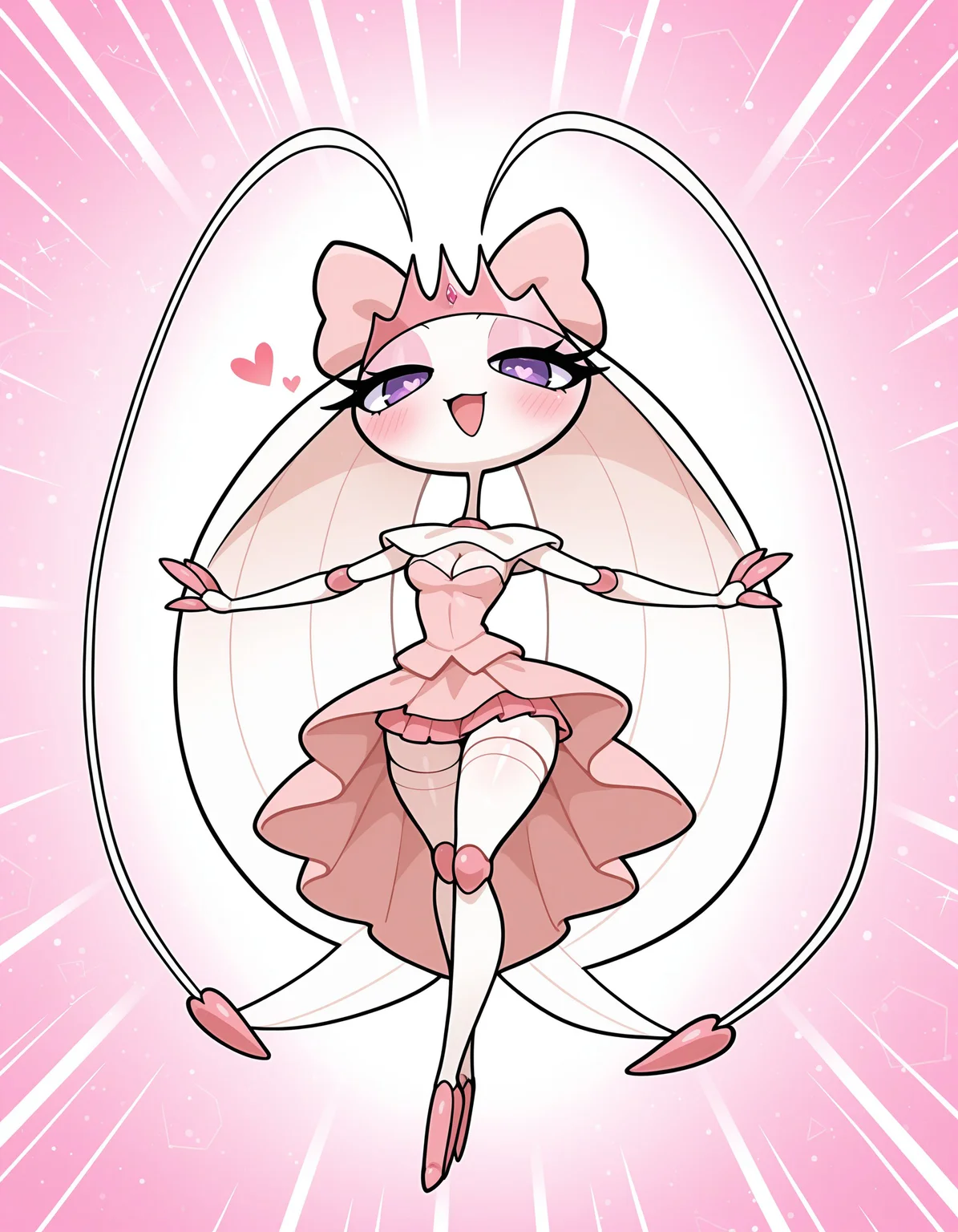 masterpiece, best quality, amazing quality, very detailed, newest, no humans, WnPhrms, pokemon \(creature\), insectoid, arthropod, pink tiara, pink joints, pink claws, purple eyes, cinematic lighting, (solo), anthro, pokemon \(creature\), insect, arthropod, 1girl, smile, cutesy, pink dress, light pink thigh highs, light pink elbow gloves, bows, kawaii, cute, blush, open mouth, cleavage, light pink eyeshadow, wink, flowers, skirt, half-closed eyes, arms out, (big hairbow), heart motif, looking at viewer, lace, (wide skirt), kawaii, (big head, chibi), abstract background, heart-shaped pupils, full body, (jump, dynamic pose), vivid colours, popping colours, happy, hearts, <lora:4630d43b-34ad-44b5-a98d-ee1aa835f397:0.8>