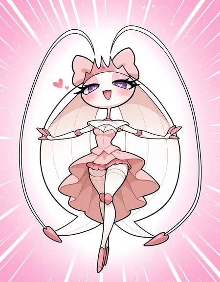 masterpiece, best quality, amazing quality, very detailed, newest, no humans, WnPhrms, pokemon \(creature\), insectoid, arthropod, pink tiara, pink joints, pink claws, purple eyes, cinematic lighting, (solo), anthro, pokemon \(creature\), insect, arthropod, 1girl, smile, cutesy, pink dress, light pink thigh highs, light pink elbow gloves, bows, kawaii, cute, blush, open mouth, cleavage, light pink eyeshadow, wink, flowers, skirt, half-closed eyes, arms out, (big hairbow), heart motif, looking at viewer, lace, (wide skirt), kawaii, (big head, chibi), abstract background, heart-shaped pupils, full body, (jump, dynamic pose), vivid colours, popping colours, happy, hearts, <lora:4630d43b-34ad-44b5-a98d-ee1aa835f397:0.8>