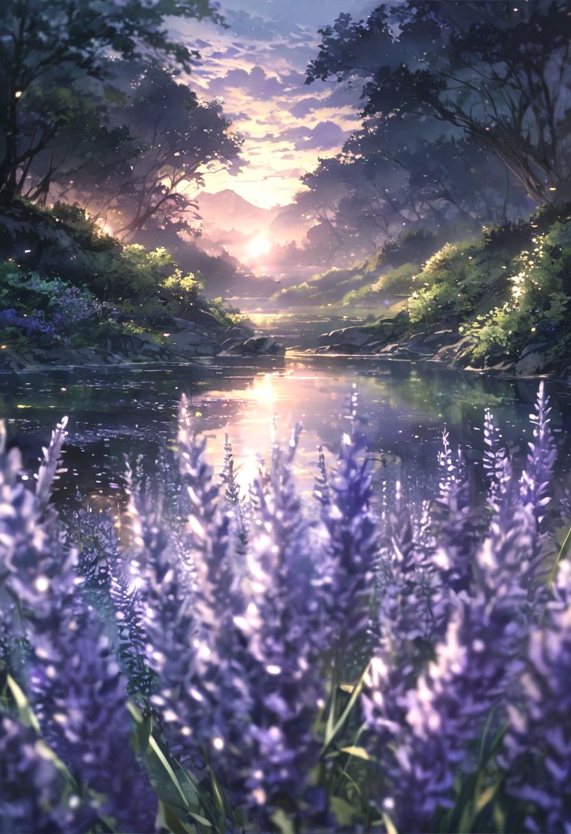 detailed background,( Calm spring night landscape), amongst lush greenery, beautiful view, lavender in full bloom, lavender, early morning, sunrise sky, beautiful clouds, dappled sunlight, beautiful detailed stars, shooting stars, Tranquil Lake, petals dancing in the wind, depth of field, masterpiece, best quality, ultra-detailed, very aesthetic, illustration, perfect composition, intricate details, absurdres, moody lighting, wisps of light, no humans,