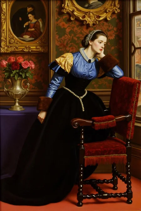 jem1 painting.
A woman in a lavish, ornate room. The subject is a woman with a serene, contemplative expression, dressed in a rich, historical costume. She wears a blue and gold bodice with a black, high-waisted skirt adorned with a beaded, pearl-like embellishment. Her dark hair is styled in a simple updo, adorned with a delicate, silver headpiece. <lora:jem1_cap_d6a3:1.0><lora:822891351667401125:0>
