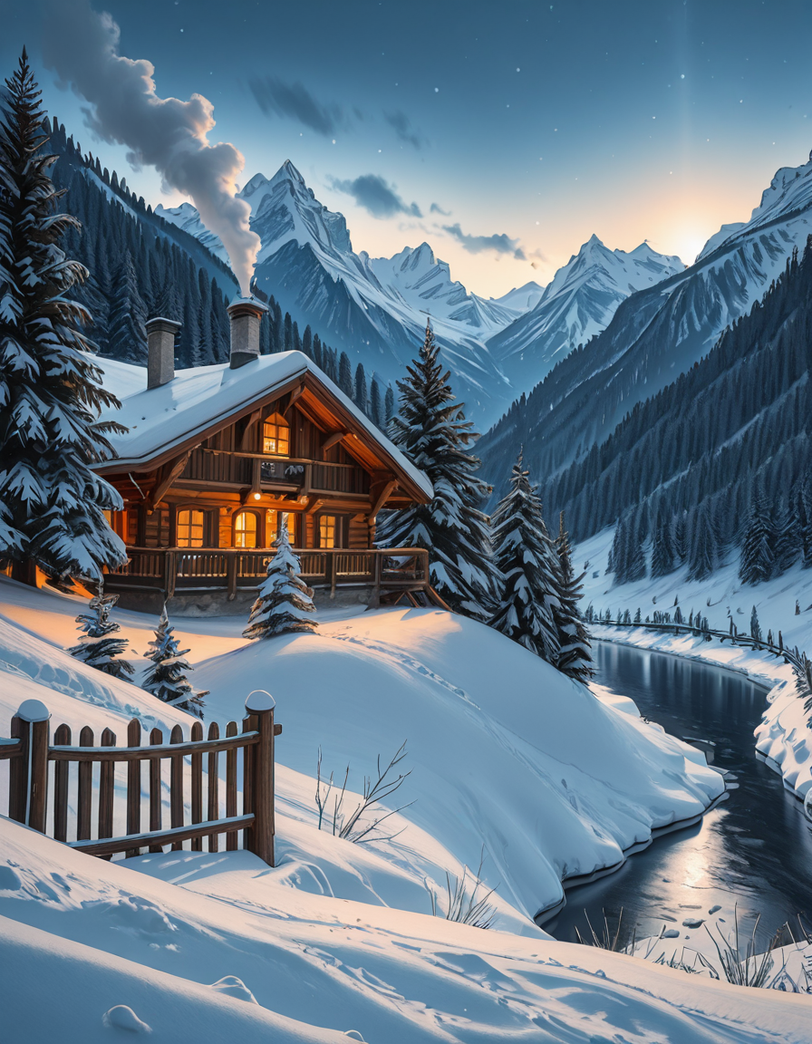 A stunning winter scene in the Tyrol region of Austria. A charming wooden chalet with traditional alpine architecture stands on a gentle snow-covered slope, surrounded by dense evergreen forests blanketed in fresh snow. The chaletâs warm interior lights glow softly through its large windows, creating a cozy contrast against the cool twilight hues of the sky. A plume of smoke drifts from the chimney, hinting at a roaring fireplace inside. In the foreground, a small wooden fence is partially buried under the snow, while a frozen river winds through the valley, reflecting the moonlight. Towering, snow-capped peaks of the Austrian Alps dominate the background, adding a breathtaking sense of grandeur. Snowflakes gently fall, adding movement and depth to the peaceful, picturesque scene. The image is hyper-realistic, capturing the intricate textures of the wood, snow, and ice, with cinematic lighting that highlights the magical winter ambiance.
<lora:SDXLFaeTastic2400:0.4> <lora:extremely_detailed:0.4> extremely detailed,winter scene in the Tyr0l, <lora:winter_scene_in_the_Tyr0l-i:1>, Masterpiece,best quality,hi res,8k,hi res,8k,award winning,(sharp focus, intricate, highly detailed),