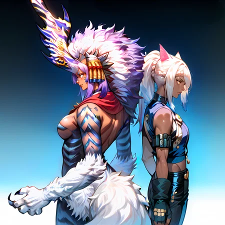 score_9,score_8_up,score_7_up,zPDXL2,source_anime,science fiction,2girls,back-to-back,from side,neon blue glow,size difference BREAK
1girl,giant,wckthund3r,monster girl,claws,single horn,anthro,animal ears,white eyes,hair ornament,no pupils,dark skin,furry arms,fluffy tail,purple hair BREAK
1girl,eutrope,braid,ponytail,cat ears,dark skin,yellow eyes,vest,black pants,fingerless gloves,single sleeves,asymmetrical sleeves,
<lora:wickedthunder:0.5><lora:BackToBack_XLPD:1><lora:eutropev4:1>