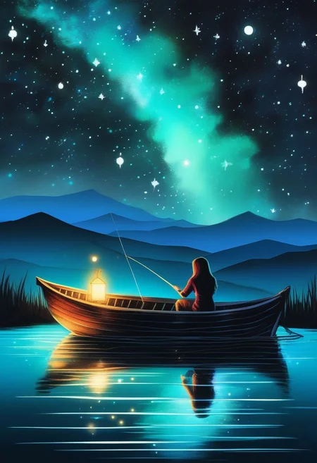 Hand drawing with pastel watercolors of a girl sitting in a small wooden boat fishes for stars in a turquoise lake as if they were dreams she would be pleased to capture.
Bioluminescent stardust spreads from the girl head up into the black night sky.
The stars in the lake and on the fishing rod are the only source of low luminetric ligths in this scene besides the stardust.
<lora:add-detail-xl:0.60>, <lora:xl_more_art-full_v1:0.40>, <lora:wowifierXL:0.50> art by mooncryptowow, <lora:LineAniRedmondV2-Lineart-LineAniAF:0.8> lineart, LineAniAF, <lora:caogao:0.8> sketch