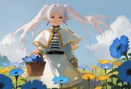 score_9, score_8_up, score_7_up, 1girl, depth of field, foreshortening, flower field, blue flower, holding basket, flower basket, floating hair, cloudy sky
<lora:style_redum_pony_2:1>
BREAK
score_9, score_8_up, score_7_up, nereirfpnxl, frieren, pointy ears, twintails, earrings, elf, parted bangs, white hair, white capelet, capelet, long sleeves, white skirt, belt, striped shirt
<lora:others_frieren_nereirfpnxl_pony_v2:1>