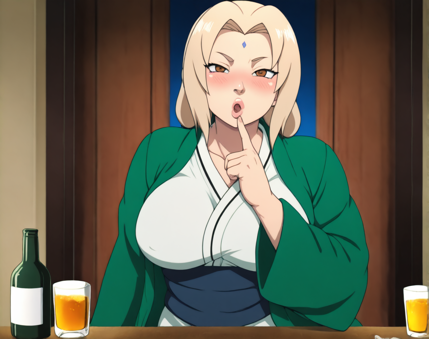 <lora:Orizen:1> masterpiece, high quality, best quality, absurdres, anime coloring, 1girl, solo, tsunade (naruto), naughty face, finger to mouth, puckered lips, open mouth, blush, green robe, white undershirt, curvy, mature woman, hokage's office, alcohol,