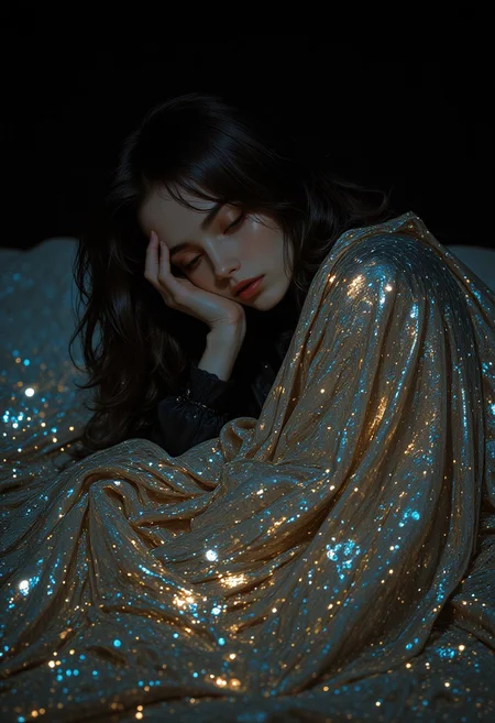 A hyper-realistic still featuring a young woman with long, straight, dark hair lying gracefully on a bed draped in a shimmering sequined blanket that sparkles intensely, reflecting light in every direction, creating an almost magical glow. She rests on her side, her head propped delicately on her right hand, while both her hands are concealed under the blanket, adding an air of mystery to her pose. Her fair skin contrasts softly against the glittering blanket, and her expression is introspective, with slightly parted lips adding a touch of sensuality. The blanket's sequins catch the ambient light, scattering it into a dazzling display of shimmering reflections, resembling a star-studded night sky. The dim, ambient lighting enhances the intimate, moody atmosphere, casting gentle shadows that sculpt the contours of her face and body, emphasizing her serene yet enigmatic presence. The background fades into darkness, ensuring the focus remains entirely on the subject and the mesmerizing interplay of light on the sparkling blanket. The composition blends softness and glamour, fusing intimate elegance with a hint of otherworldly magic.