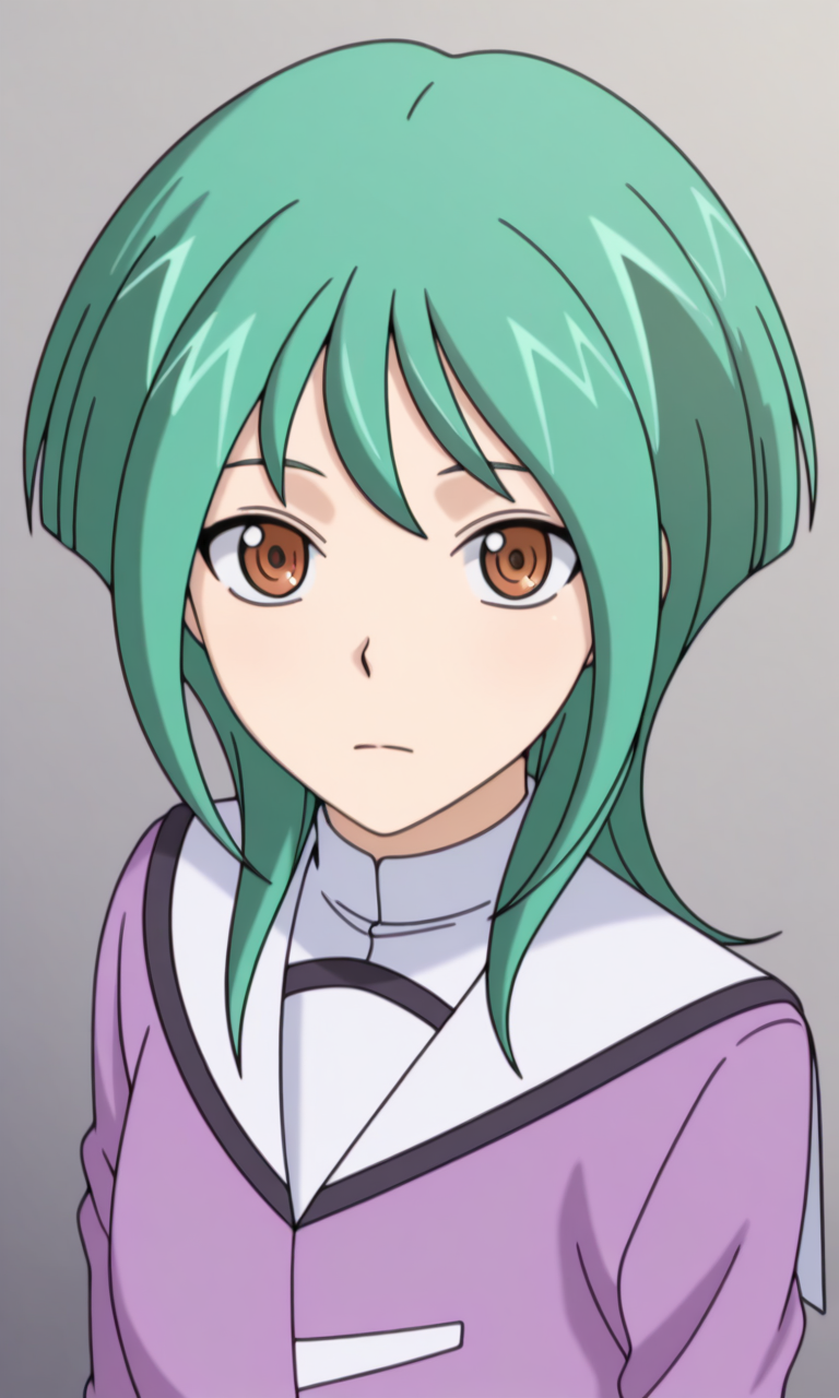 1girl, solo,tokoha_vgg, green hair, brown eyes,purple school uniform, white pleated skirt, portrait, looking at viewer, masterpiece,best quality,amazing quality,very aesthetic,absurdres,newest,