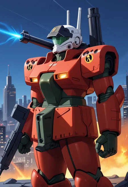 score_9, score_8_up, score_7_up, source_anime, cowboy shot, side view, BREAK, ( guncannon_mass_production_type, looking to the side, one shoulder cannon deployed, one shoulder cannon stowed, arms by sides, holding rifle, energy flare on shoulder cannon, firing shoulder cannon, clenched fists, TH symbol on shoulder, 6 on shoulder, ) 1mech, mech focus, solo, BREAK, cityscape, night time,