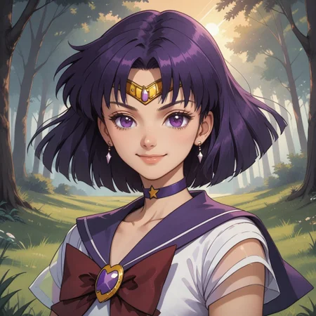 score_9, score_8, BREAK, solo, Sailor_Saturn_(Sailor_Moon), 1girl, bob cut, tiara, earrings, sailor senshi uniform, purple eyes, purple choker, purple sailor collar, red bowtie, white shirt, elbow gloves, white gloves, pleated skirt, purple miniskirt, purple boots, self portrait, smile, looking at viewer, outdoors, sunlight, shadows, evening lighting, natural lighting, forest, trees, grass, orange sky, sunset