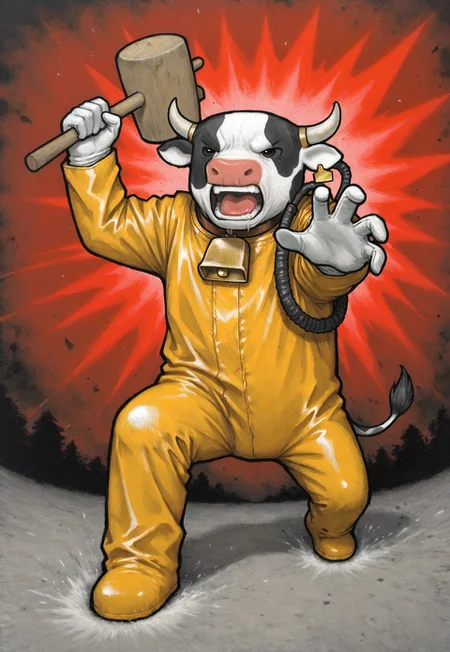 solo, lukch, painting_\(medium\), no humans, incoming attack, foreshortening, (action), mallet, kine, cow, cowbell collar, hazmat suit, angry, shouting, smug,
traditional media, best quality, absurdres, [dynamic pose]