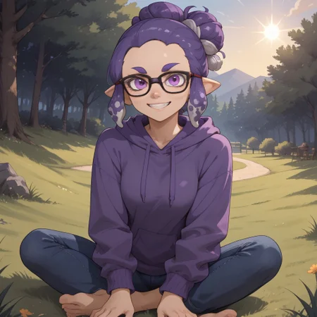 score_9, score_8, BREAK, solo, splatoon, inkling, female inkling, 1girl, tentacle hair, purple hair, single hair bun, purple eyes, glasses, cute, purple eyebrows, purple hoodie, purple jeans, barefoot, breasts, Jeanette_Romero_(\OC_Inkling\), sexy pose, self portrait, smile, outdoors, sunlight, shadows, evening lighting, natural lighting, forest, trees, grass, orange sky, sunset, sitting, feet, soles